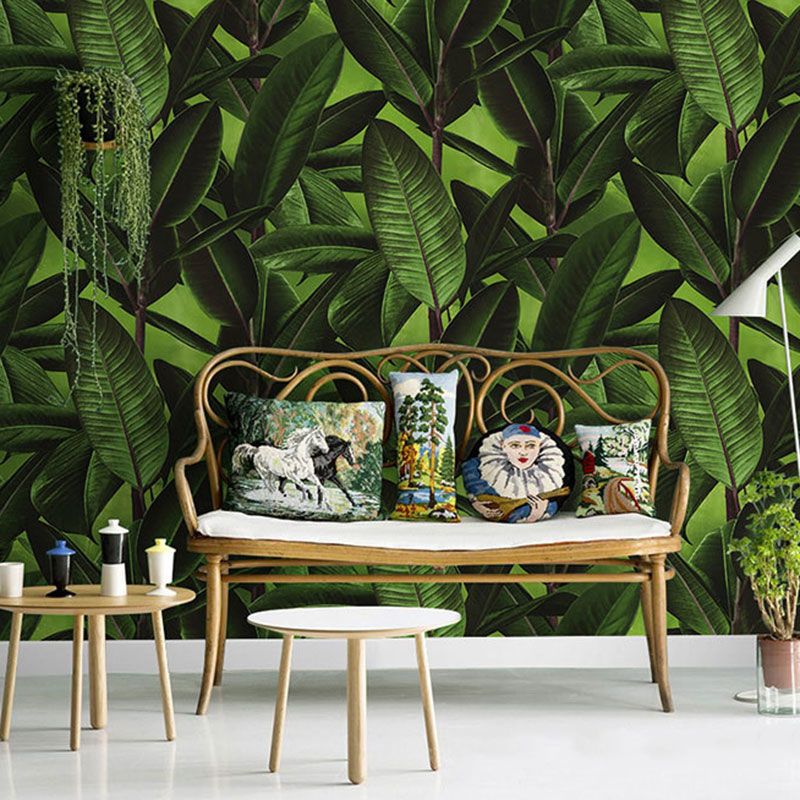 Contemporary Wallpaper Roll for Theme Restaurant Decor with Banana Leaves Design in Green