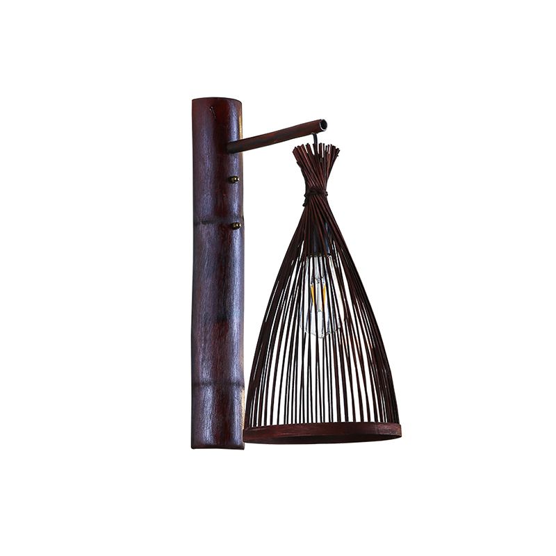 Dark Brown Conic Wall Lamp Fixture Asia 1 Head Bamboo Wall Mounted Light for Kitchen
