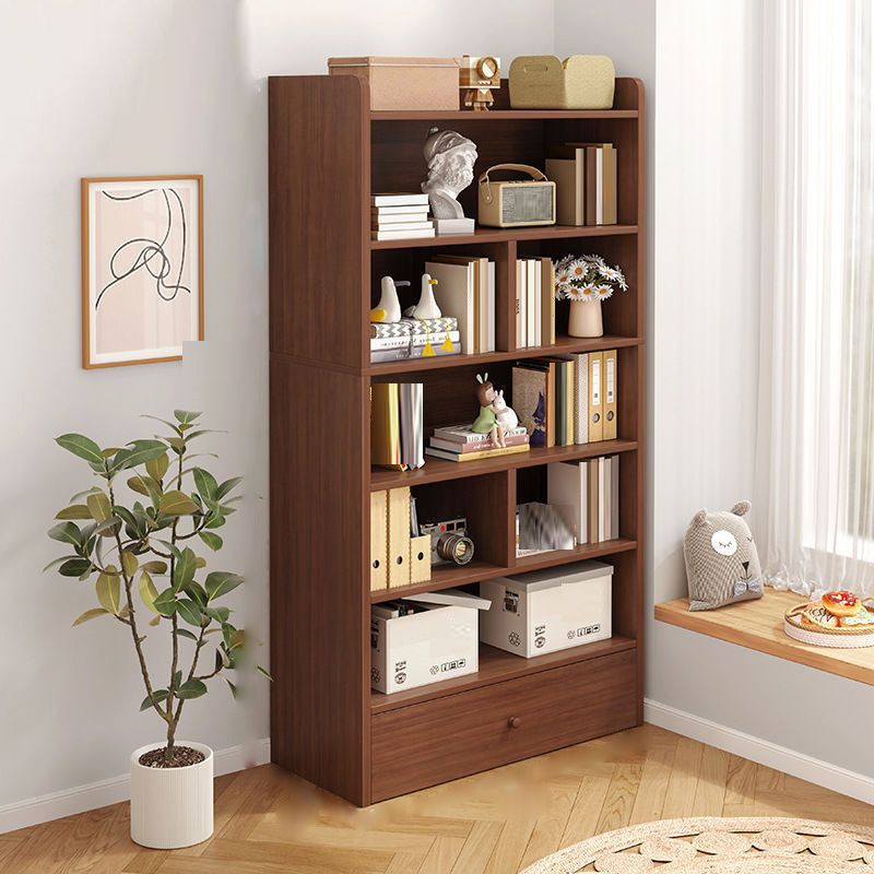 Engineered Wood Floor Bookcase Modern Vertical Closed Back Book Shelf with Drawers