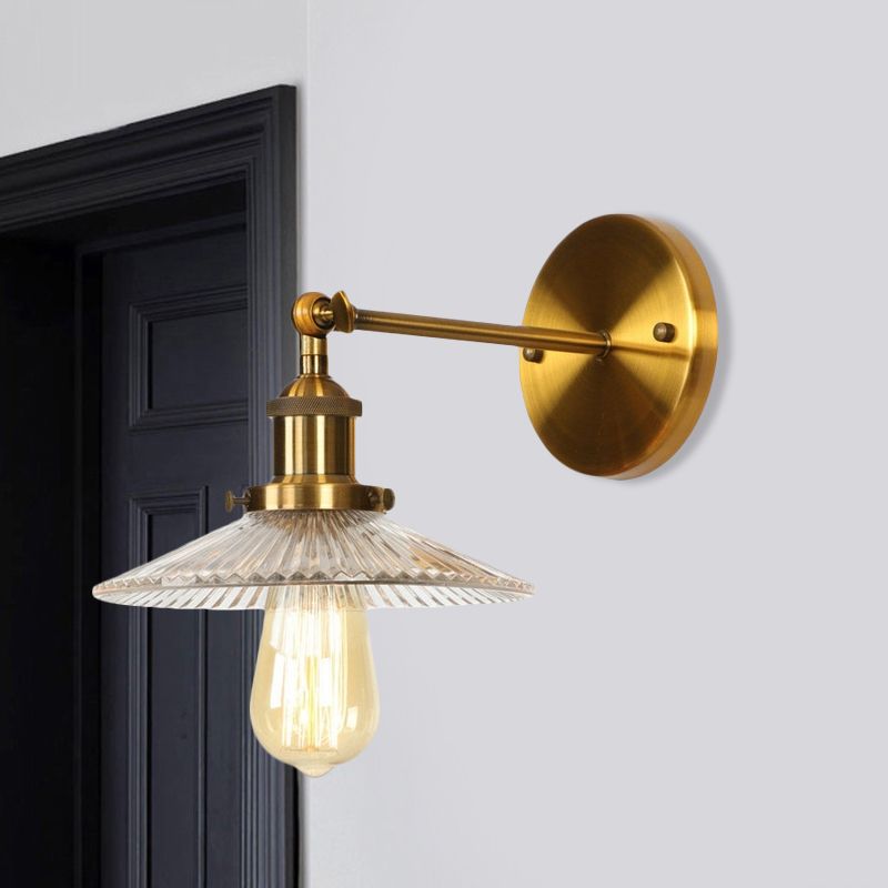 1 Light Clear Textured Glass Wall Sconce Light Vintage Brass Tapered Bedroom Lighting Fixture