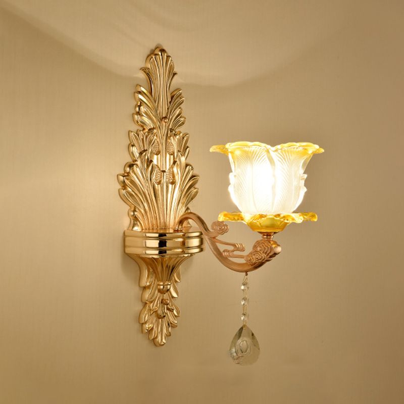 Gold Floral Wall Light Fixture Vintage Glass Living Room Wall Mounted Lamp with Crystal Accent