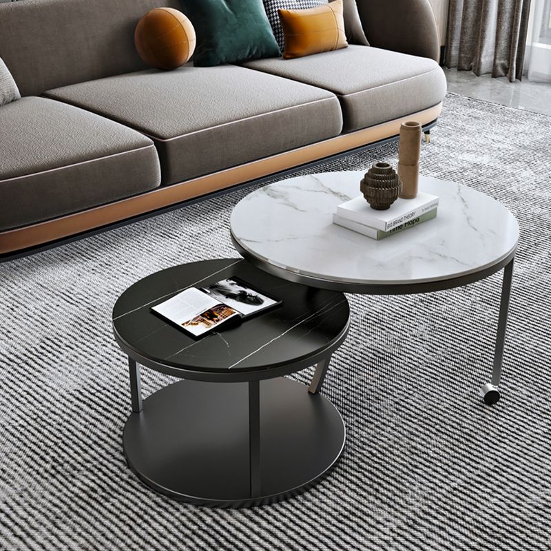 Contemporary Coffee Table Set Slate Round 2-Piece Coffee Cocktail Table