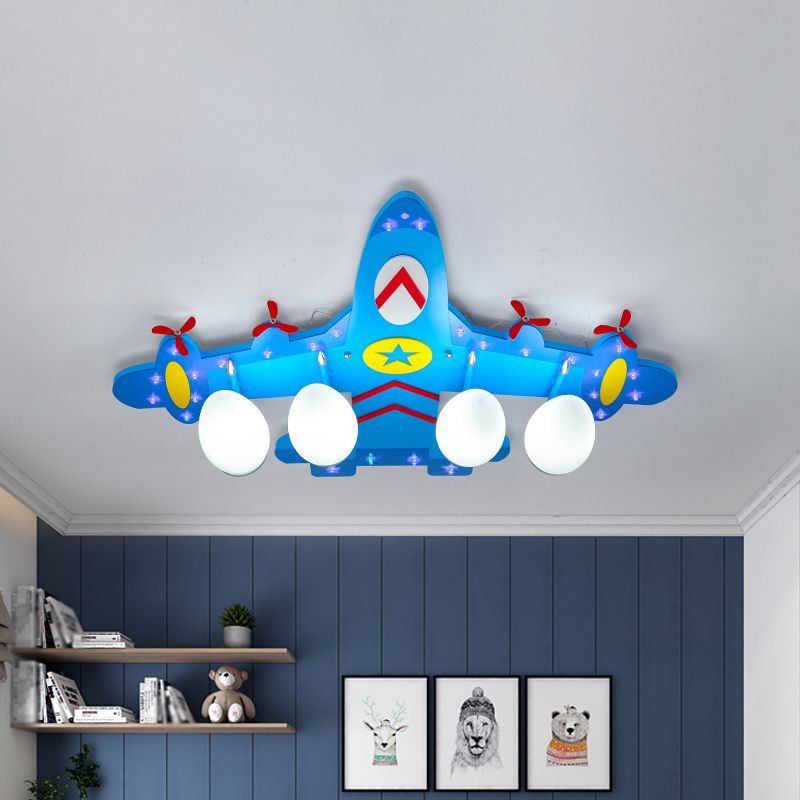 Plane Ceiling Mounted Lamp Kids Style Wooden 4 Lights Boys Bedroom Flush Mount in Warm/White Light/Second Gear