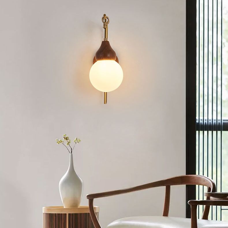 Globe Wood Wall Lamp 1-Light Contemporary Glass Armed Wall Mount Lamp for Bedroom