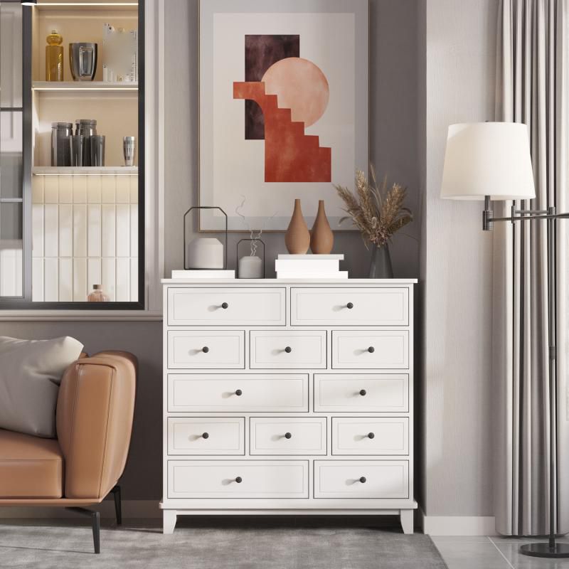 White Modern Side Cabinet Rectangle Wood Knobs Cabinet with Drawer