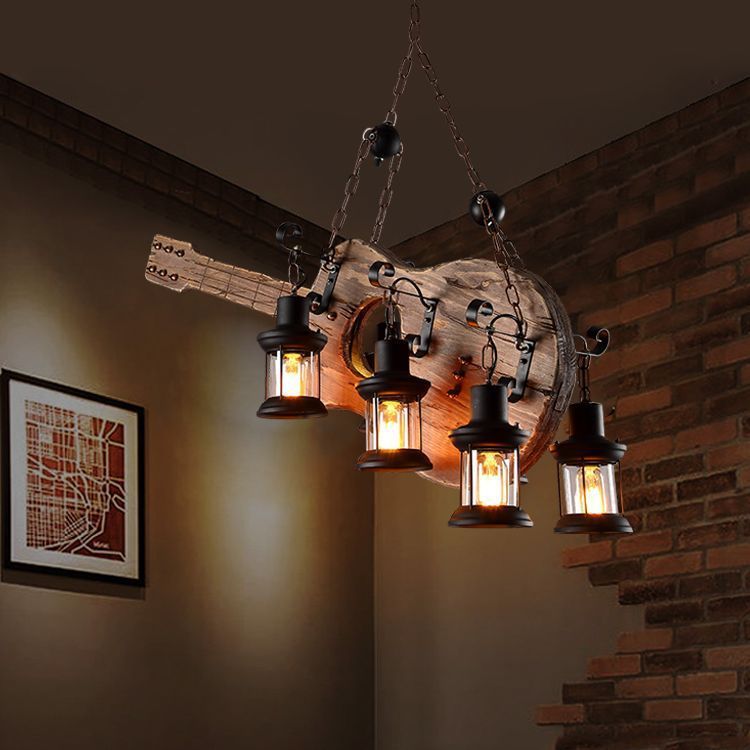 Guitar Chandelier Lighting Rustic Style Wooden Cafe Bar Pendant Light with Glass Kerosene Lantern