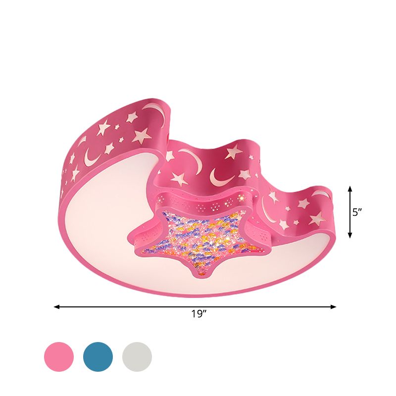 Moon and Star Ceiling Mounted Fixture Contemporary Acrylic White/Pink/Blue LED Flush Pendant Light for Bedroom