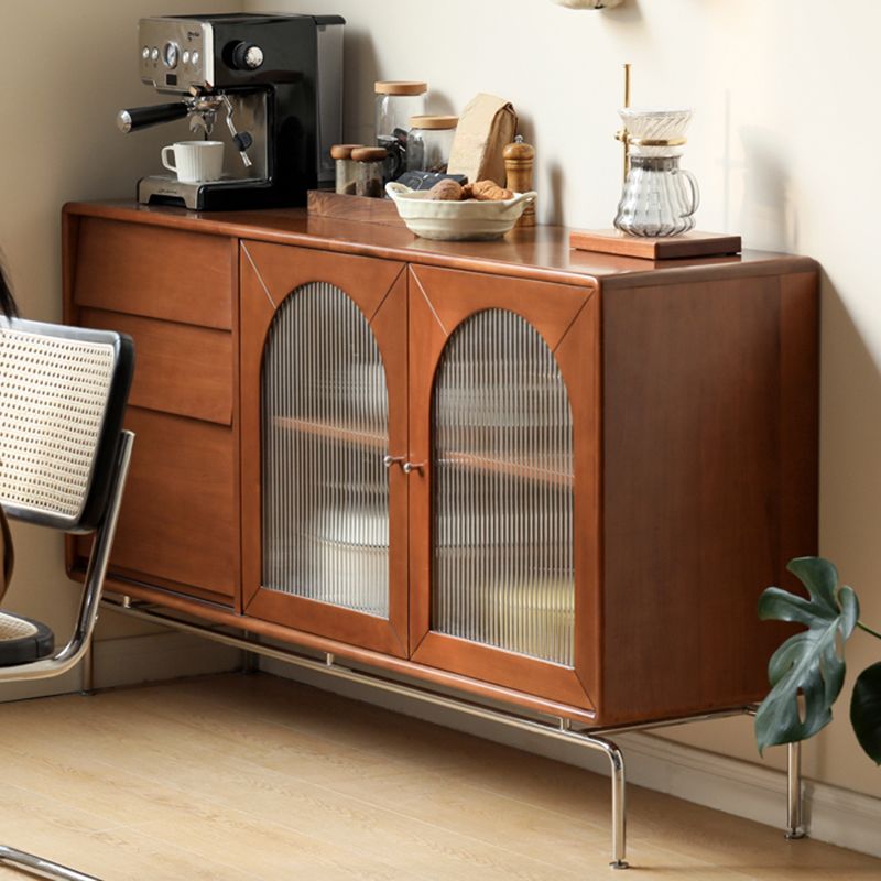 Modern Brown Solid Wood Buffet Sideboard with Glass Door and 3 Drawers