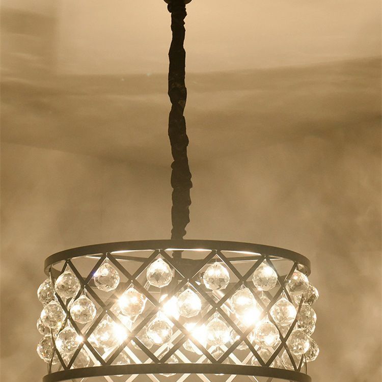 Drum Living Room Suspended Lighting Fixture Crystal Encrusted Modern Ceiling Suspension Lamp in Black
