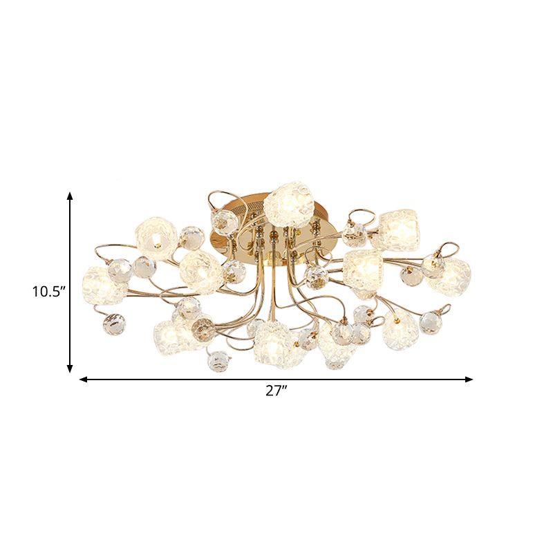 13 Lights Semi Flush Mount Chandelier Modern Flowerbud Bubble Glass Ceiling Lamp in Gold