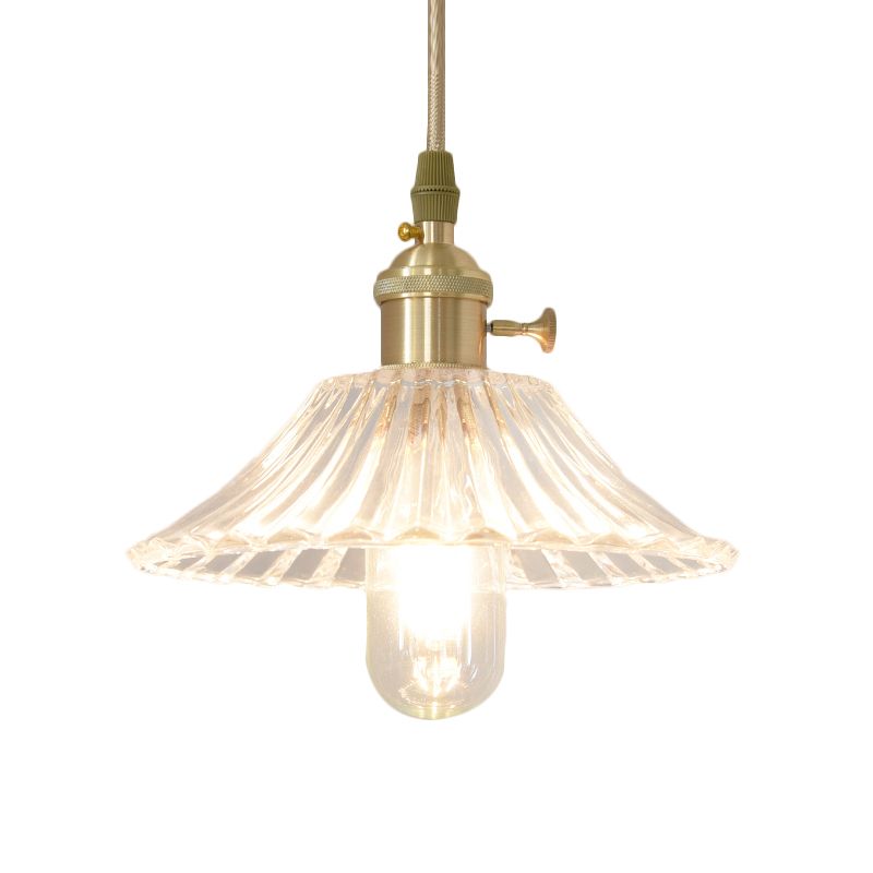 Rustic Wide Cone Hanging Light Single Bulb Clear Fluted Glass Pendant Lamp Kit in Brass