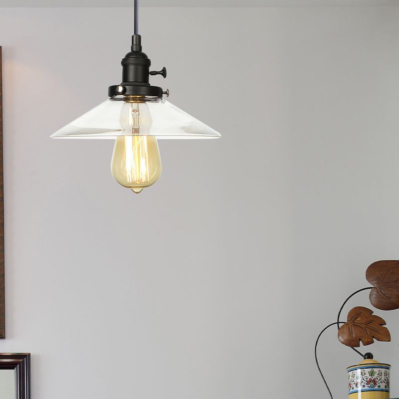 Farmhouse Style Cone Pendant Lamp Metallic and Clear Glass 1 Bulb Indoor Height Adjustable Ceiling Light in Black/Bronze/Brass