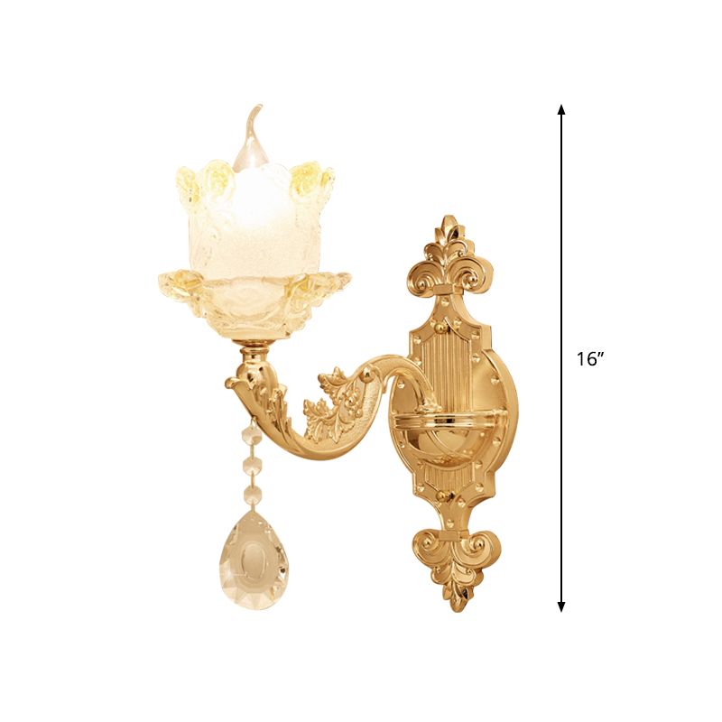 Traditional Scrolled Arm Sconce 1/2-Bulb Glass Blossom Shade Wall Mount Light in Brass with Crystal Accents