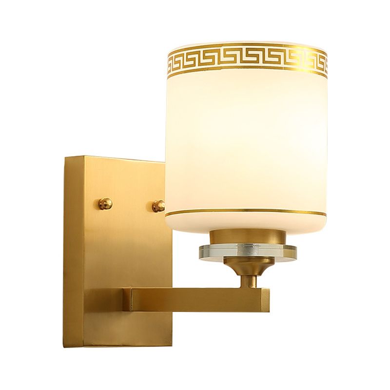 1 Light Wall Mounted Lamp Modern Style Drum Shade White Glass Wall Lighting Fixture in Brass for Hallway