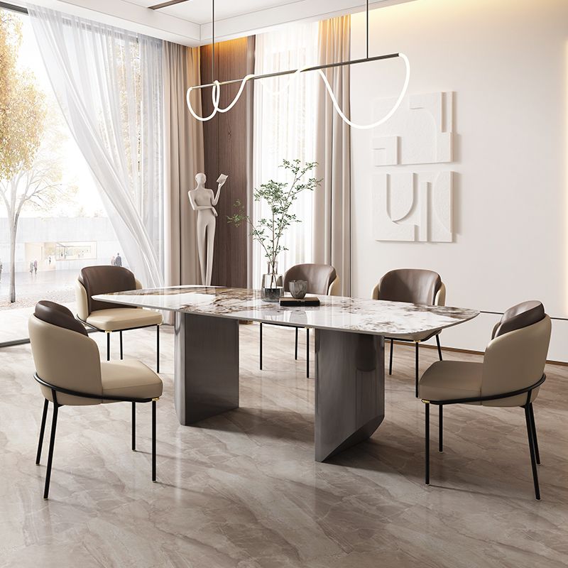 Sintered Stone Dining Room Set Modern Rectangle Table and Upholstered Chairs