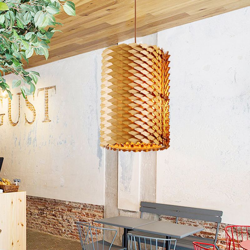 Lámpara de caída cilíndrica de madera hecha a mano moderna 1 luz colgante colgante de color beige con superficie de squama