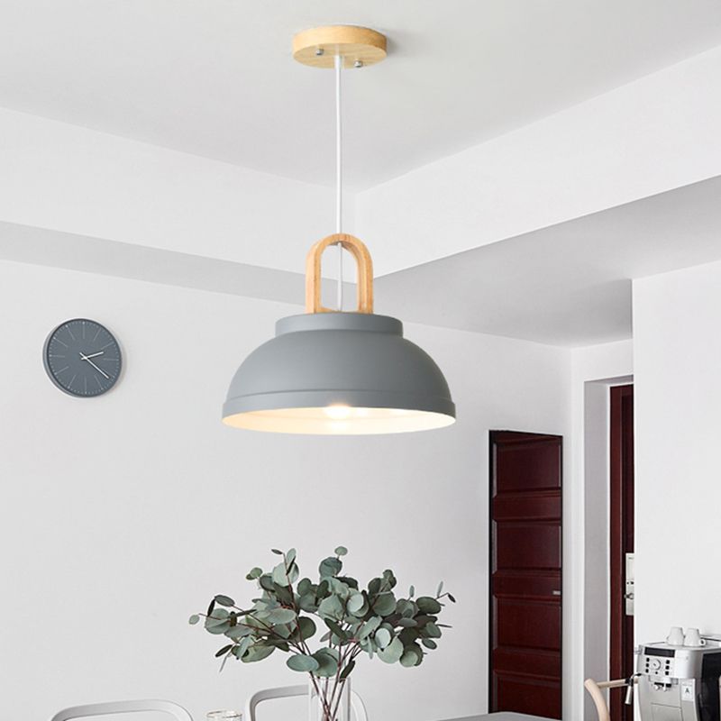 Metal Bowl Hanging Lighting Modernism 1 Bulb Ceiling Suspension Lamp in Grey/White with Wood Handle