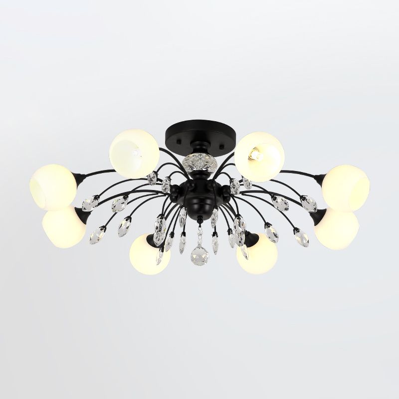 Ópalo de vidrio Sputnik Globe Semi Flush Modernismo de 8 bombas Cosco montado en el techo con cristal deco en negro