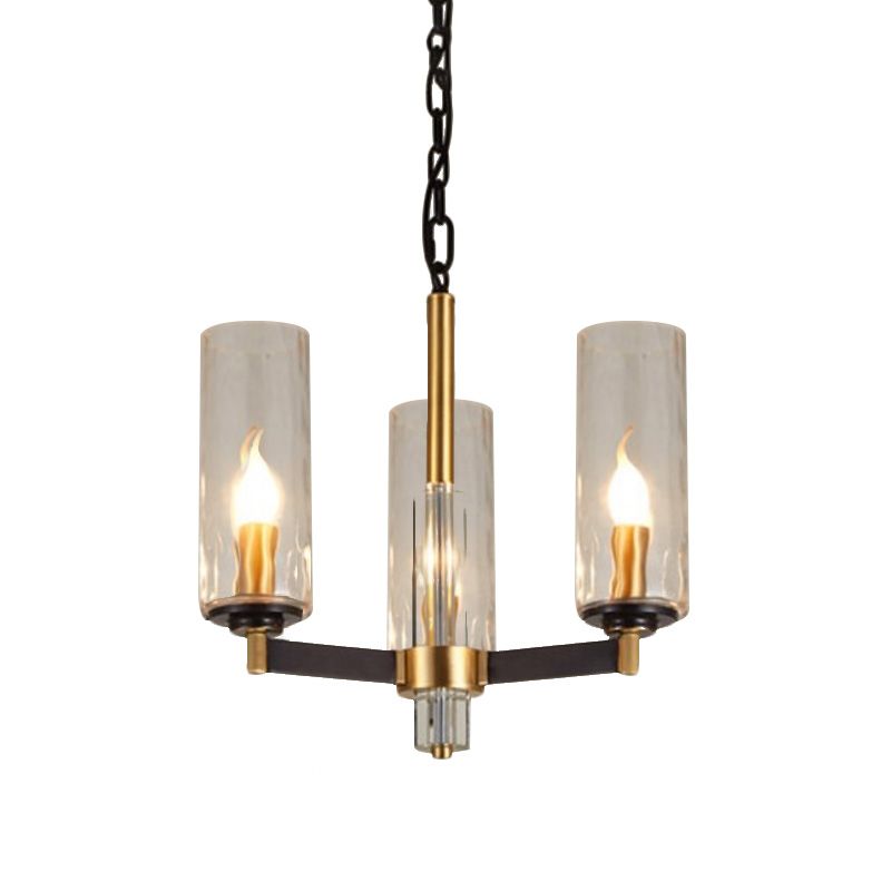 Vintage Cylinder Chandelier Lighting Fixture 3/5/6 Bulbs Clear Water Glass Pendant Lamp in Black and Gold