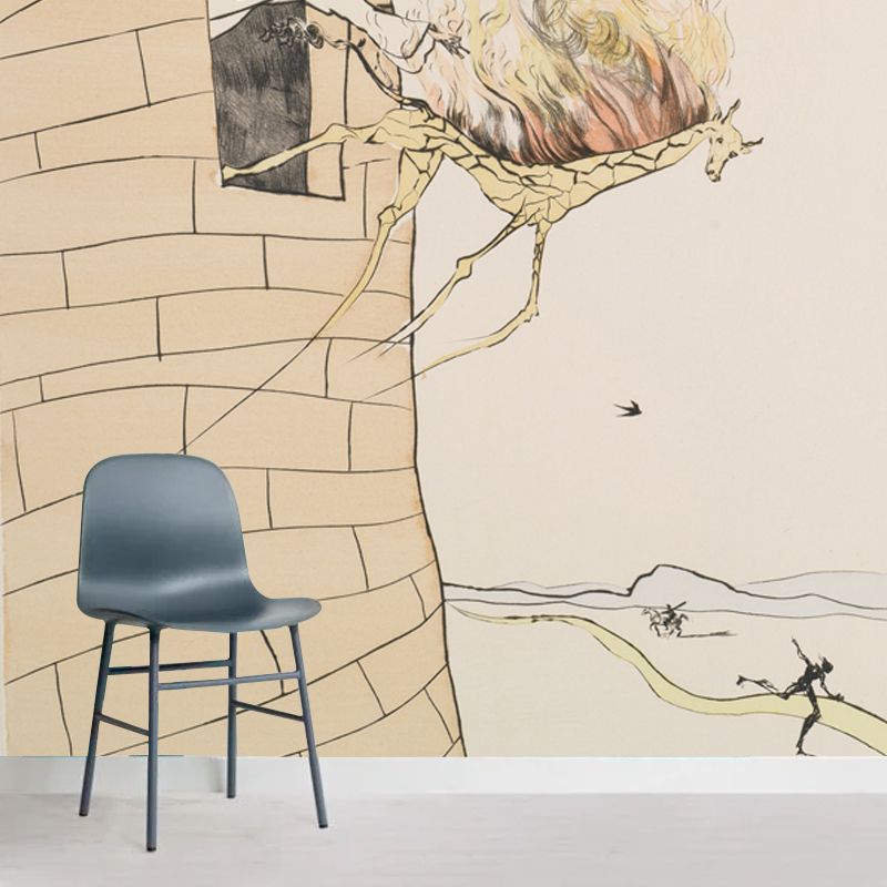 Huge Dali Drawing Mural Surreal Creative Horse Thrown Out of Fortress Wall Art in Beige