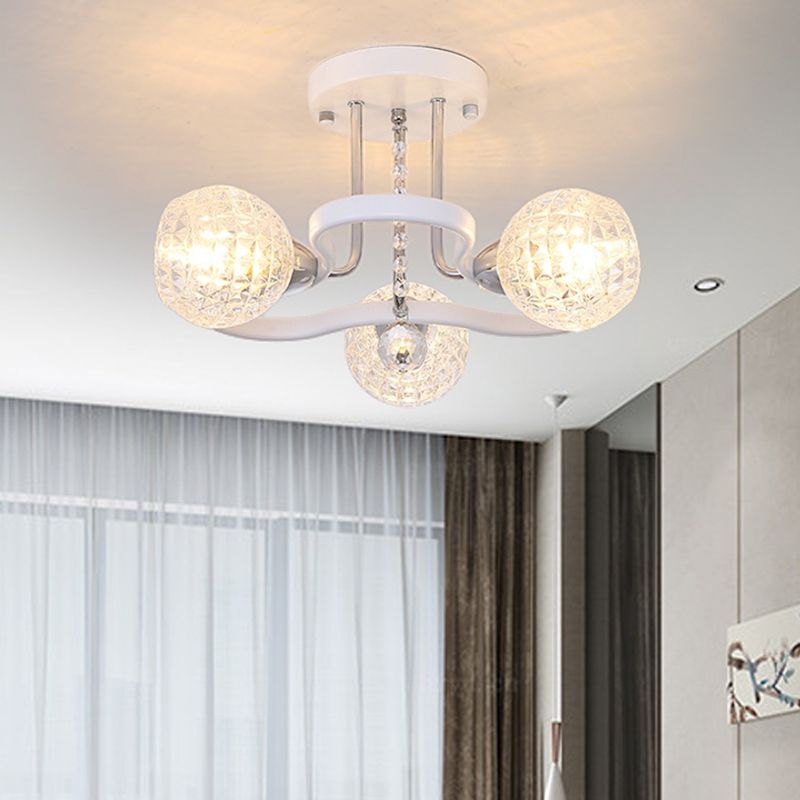 3/5 Lights Ball Semi-Flush Mount Light with Lattice Glass Shade and Crystal Drop Modern Ceiling Light in White