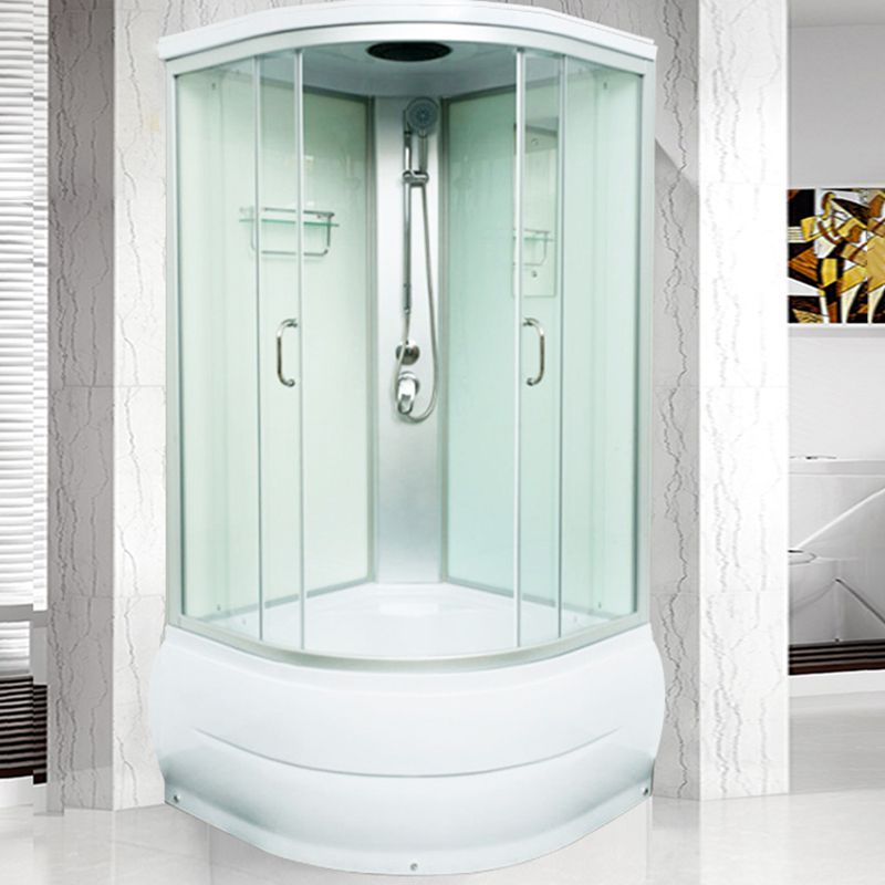 Round Shower Stall Double Sliding Shower Stall with White Base and Rain Shower