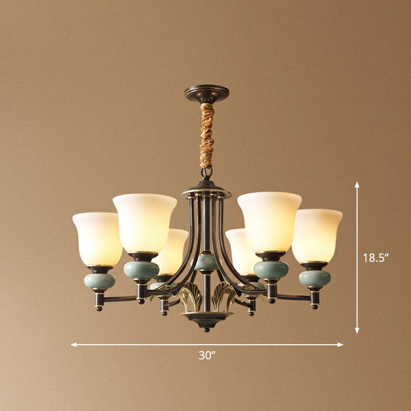 Carillon Living Room Chandelier Vintage White Glass 6-Light Black Pendant Light with Ceramic Decoration