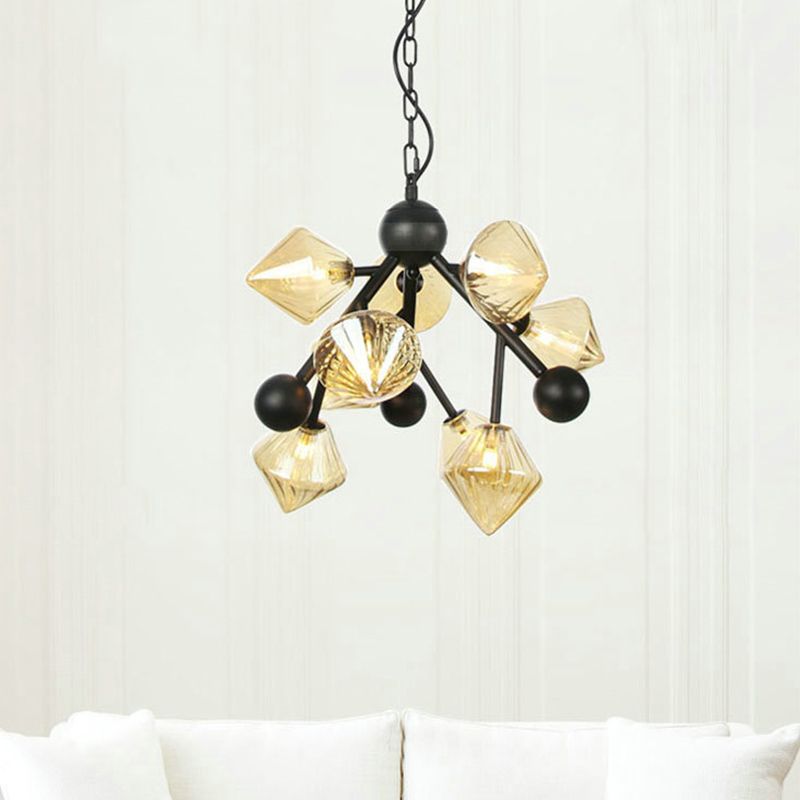 Pyramid Dining Room Ceiling Chandelier Amber Glass 9 Heads Modern Pendant Light Fixture