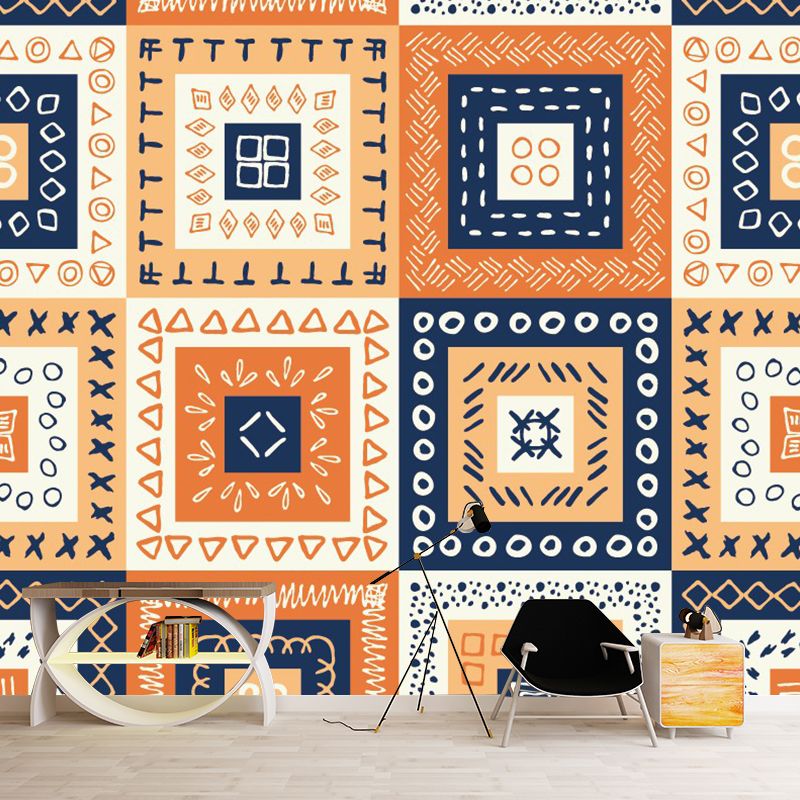 Bohemian Style Squares Wallpaper Mural Blue-Orange-Yellow Bedroom Wall Art, Custom Size