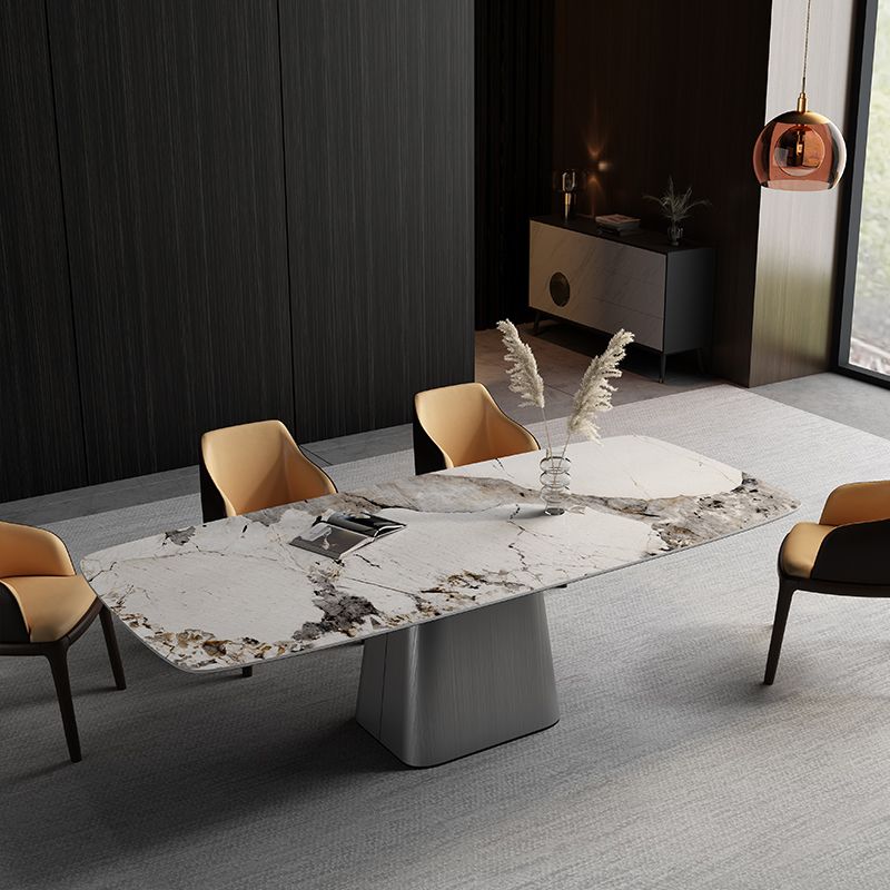 Metal Traditional Luxury Rectangle Table High Gloss White Sintered Stone Table with Pedestal Base
