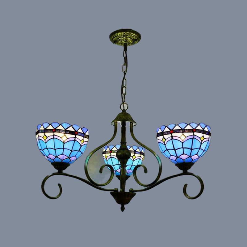 Domed Blue Stained Glass Ceiling Chandelier Mediterranean 3/6/8 Lights Bedroom Pendant Lamp in Black, 25.5"/34"/37.5" W