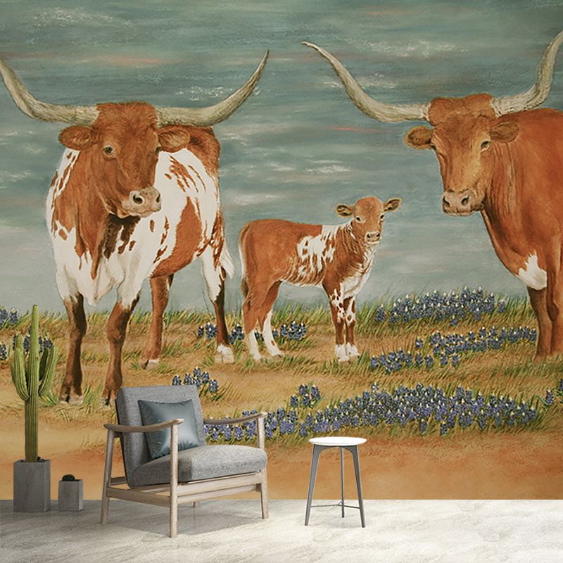 Rustic Milk Cow Painting Murals Brown Animal Wall Covering for Living Room Decoration