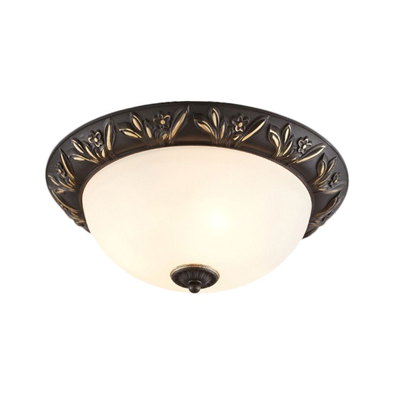 Frosted Glass Dome Flush Lamp Antiqued 12"/15.5" W 2/3-Head Bedroom Ceiling Fixture with Flower Edge Design in Brass/Black and Gold