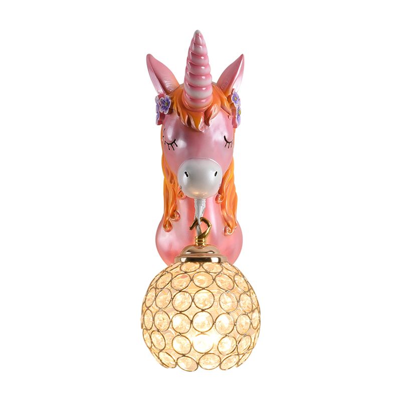 Cartoon Unicorn Wall Mount Light Resin Bedside Wall Lighting with Hollowed out Globe Shade