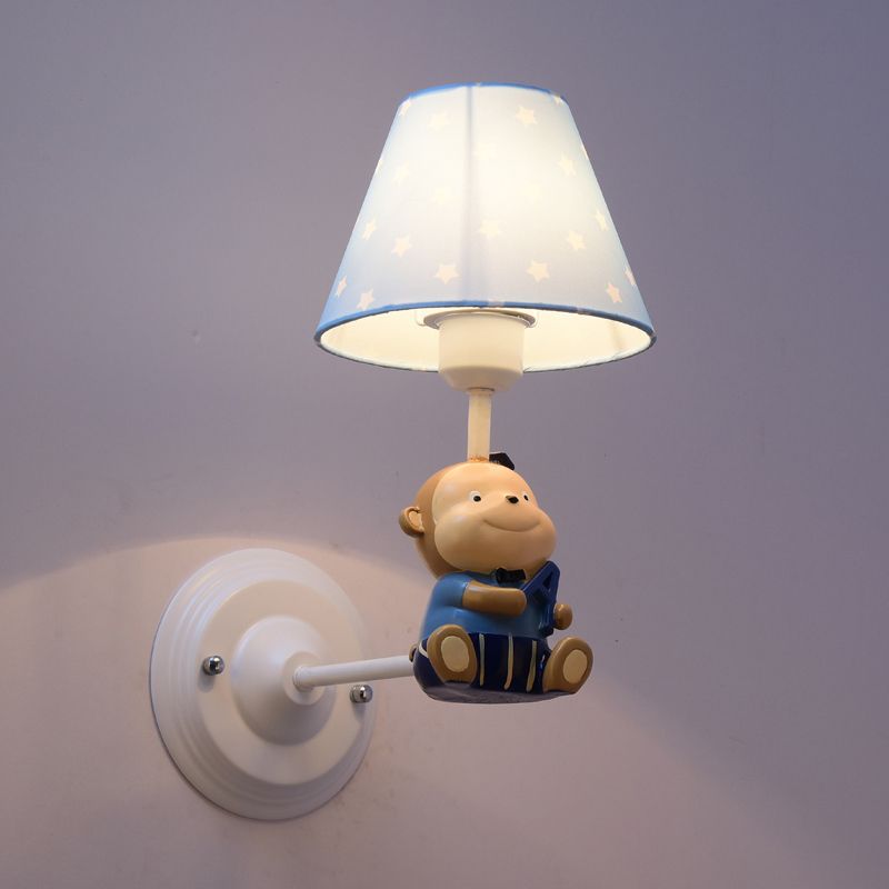 Cone Kids Bedside Wall Mounted Light Fabric 1 Light Cartoon Sconce Ideas in Blue/Red with Little Bear Decor