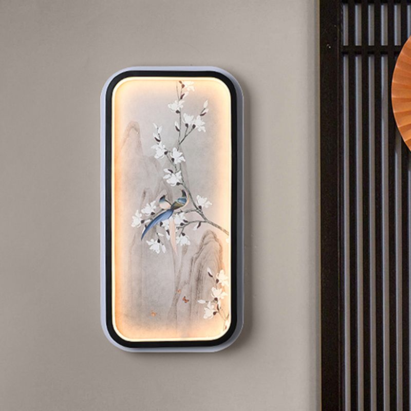 Bird and Flower Drawing Fabric Mural Lamp Chinese Black and White LED Wall Mounted Lighting