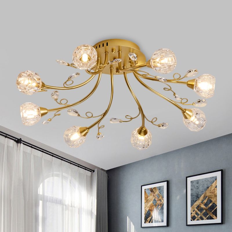 Gold Spherical Ceiling Light Simple Style 8 Bulbs Crystal Prisms Semi Mount Lighting with Scroll Arm