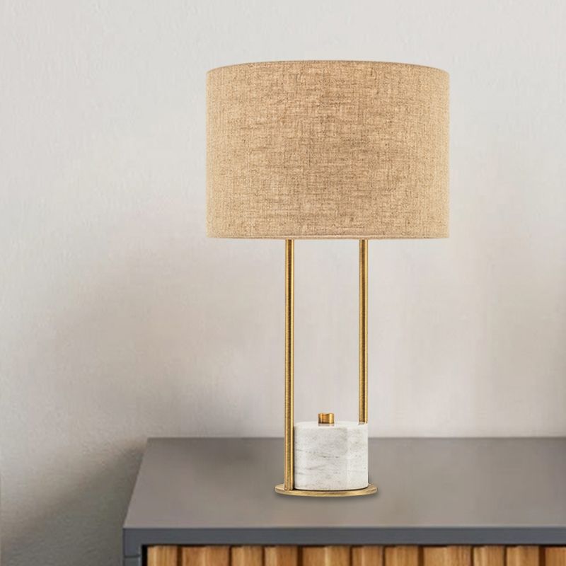 Cylinder Nightstand Lighting Modern Fabric 1 Head Bedroom Night Lamp in White/Beige with Marble Base