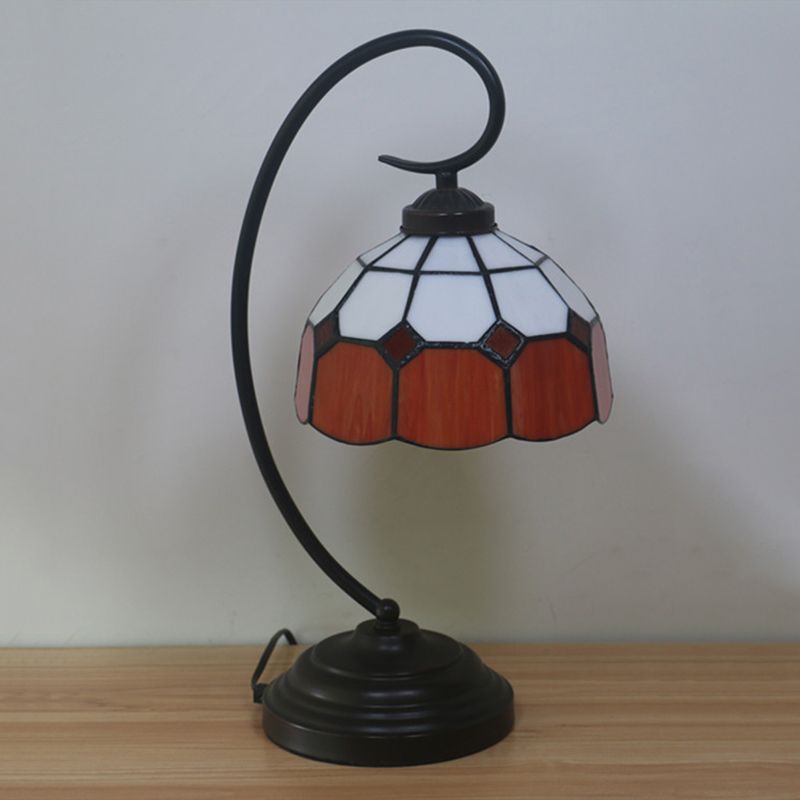 Domed Night Light Tiffany Hand Cut Glass 1 Head Red/Pink Grid Patterned Nightstand Lamp with Curved Arm