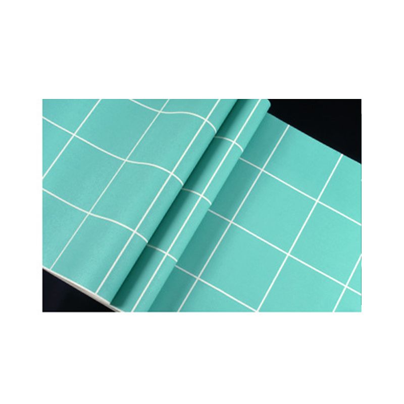 Washable Non-Pasted Grid and Square PVC Wallpaper in Green and White