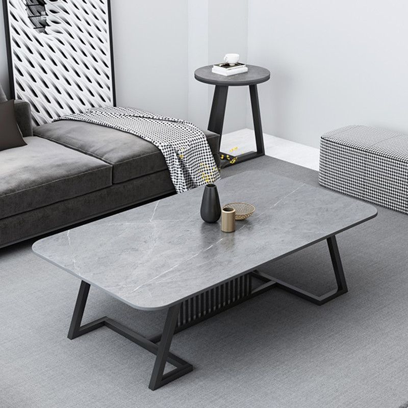 Rectangle Stone Top Coffee Table with Black Metal Trestle Base