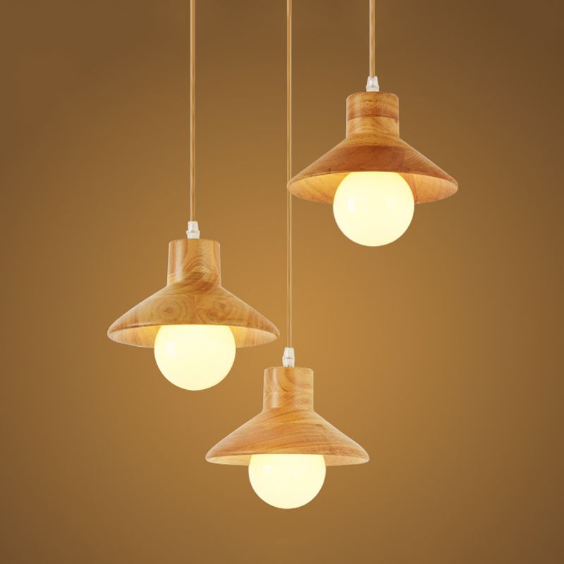 Beige Flare Multiple Hanging Light Nordic 3 Bulbs Natural Wood Ceiling Pendant over Dining Table