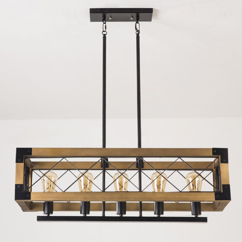 Rectangle Over Island Lighting Wooden Retro Industrial Style Hanging Island Lights for Restaurant