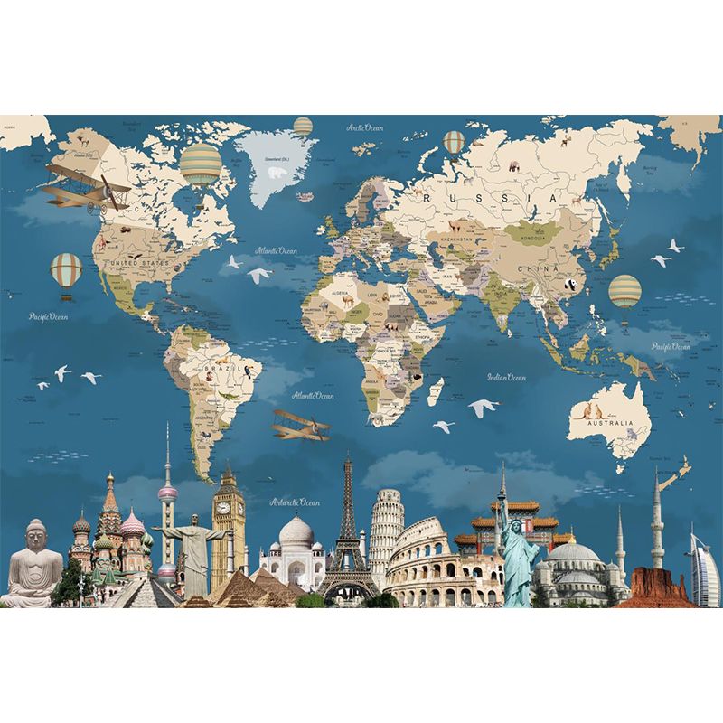 Non-Woven Washable Murals Modern World Map and Historical Relics Wall Covering in Blue-Brown