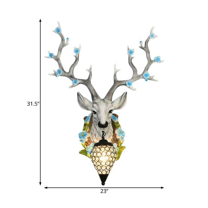 White/Yellow 1 Light 16.5"/23" W Sconce Light Traditional Resin Deer Wall Lighting Fixture with Teardrop Crystal Shade