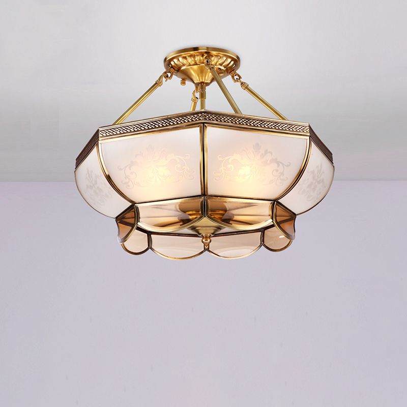 3/4 Bulbs Dome Ceiling Light Fixture Colonial Brass Satin Opal Glass Semi Flush Mount Lighting for Living Room, 14"/18" Dia