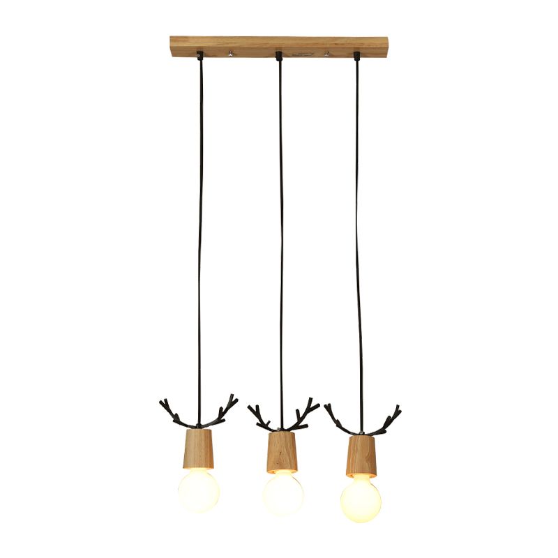 Nordic Antler Multipli sospeso in legno a 3 luci a soffitto a 3 luci con design a lampadina aperta