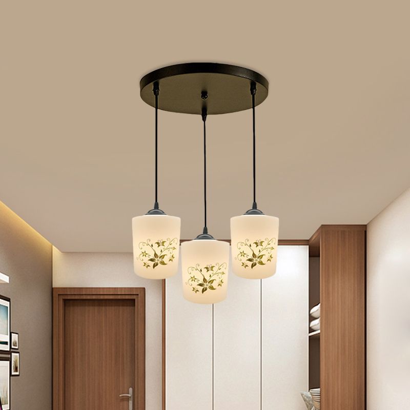 Cylinder Dining Room Multi Ceiling Light Modern White Printed Glass 3-Head Black Hanging Pendant with Linear/Round Canopy