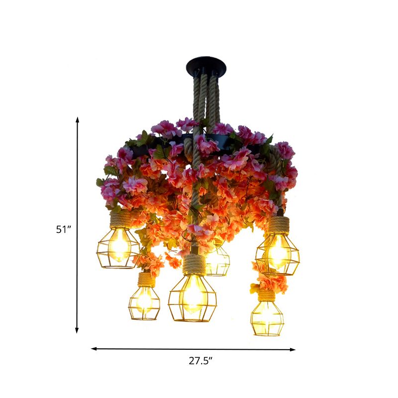Metal Pink Chandelier Light Bare Bulb 6 Bulbs Vintage LED Drop Pendant with Cherry Blossom