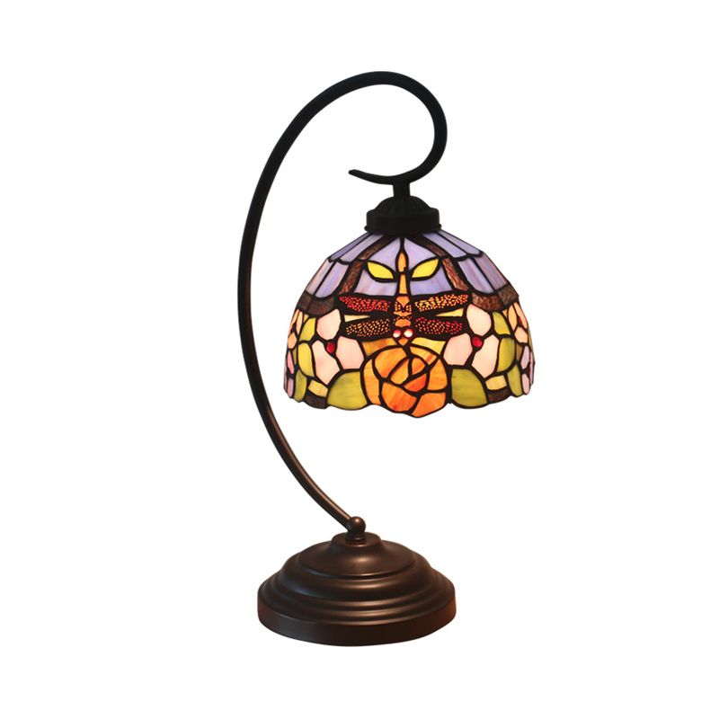 Stained Glass Dome Shade Desk Lamp Tiffany Style 1 Head Beige/Blue Dragonfly Patterned Table Lighting with Swirl Arm